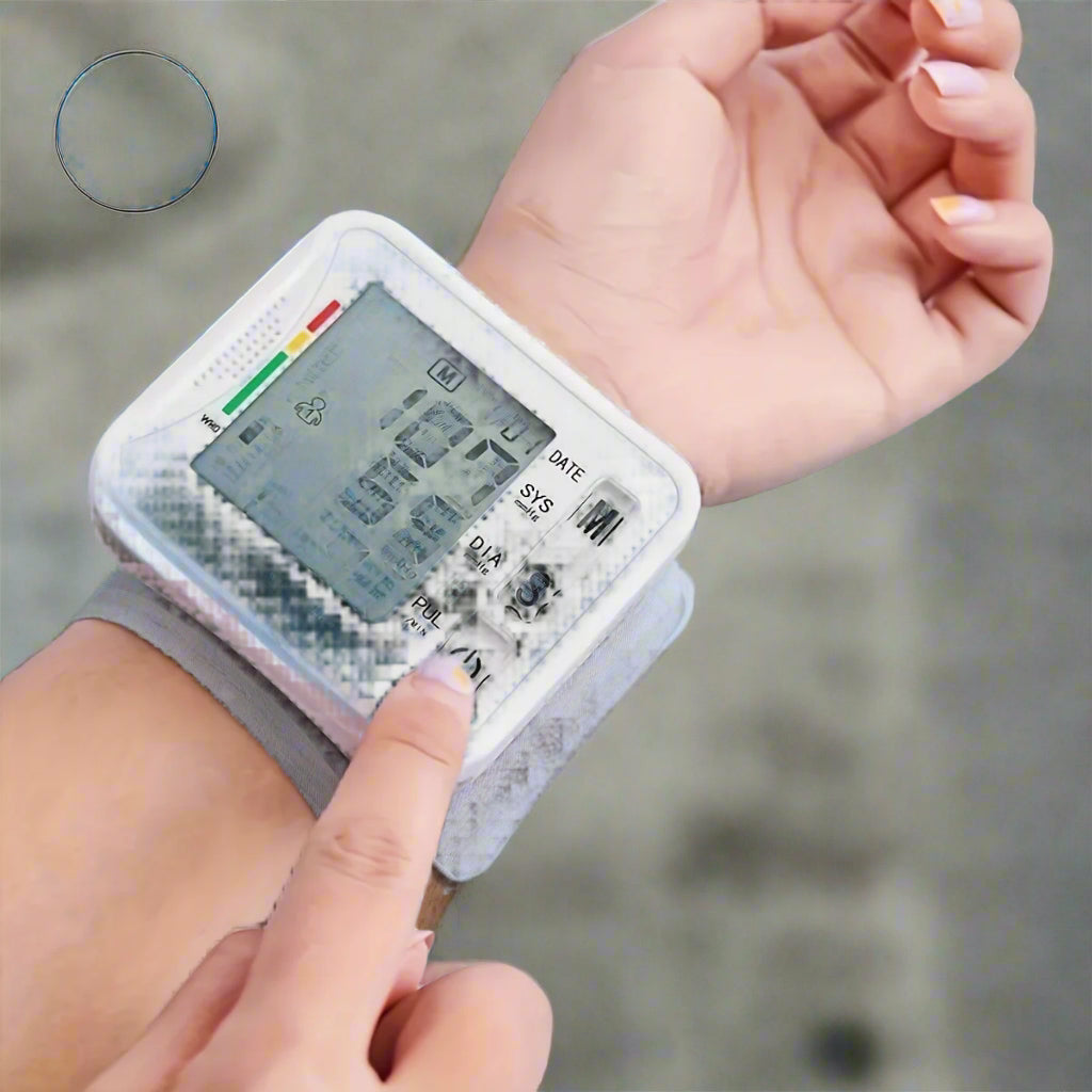 Wrist Blood Pressure Monitor – Adjustable LCD Display, Heart Rate & Irregular Beat Alert, Compact Battery-Operated Health Device