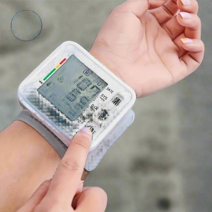 Wrist Blood Pressure Monitor – Adjustable LCD Display, Heart Rate & Irregular Beat Alert, Compact Battery-Operated Health Device