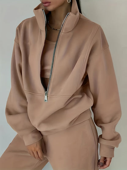Women’s Two-Piece Zip Sweatshirt & Pants Set – Long Sleeve Casual Lounge Outfit with Elastic Waist Design