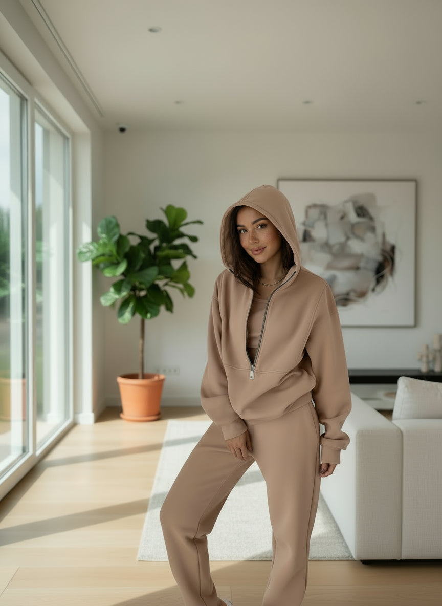 Women’s Two-Piece Zip Sweatshirt & Pants Set – Long Sleeve Casual Lounge Outfit with Elastic Waist Design