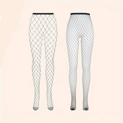 High-Waisted Plus Size Fishnet Tights – 2 Pairs Stretchy Lace Hollow Knit Design Ideal for Cosplay, Parties, or Flirty Street Style
