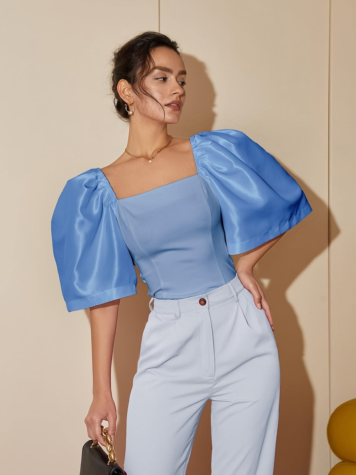 Chic Square Neck Lantern Sleeve Blouse – Woven Polyester Women’s Fashion Top for Spring/Summer Street Style with a Flattering Skinny Fit