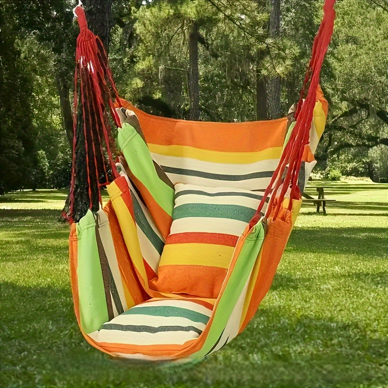 Striped Hammock Chair – Hanging Rope Swing Seat with Cushions for Porch, Patio, Bedroom & Camping