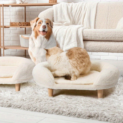 Medium Pet Sofa Beds – Thick Foam Dog & Cat Beds with Removable Fuzzy Covers & Solid Wood Anti-Slip Legs for Stylish Home Comfort