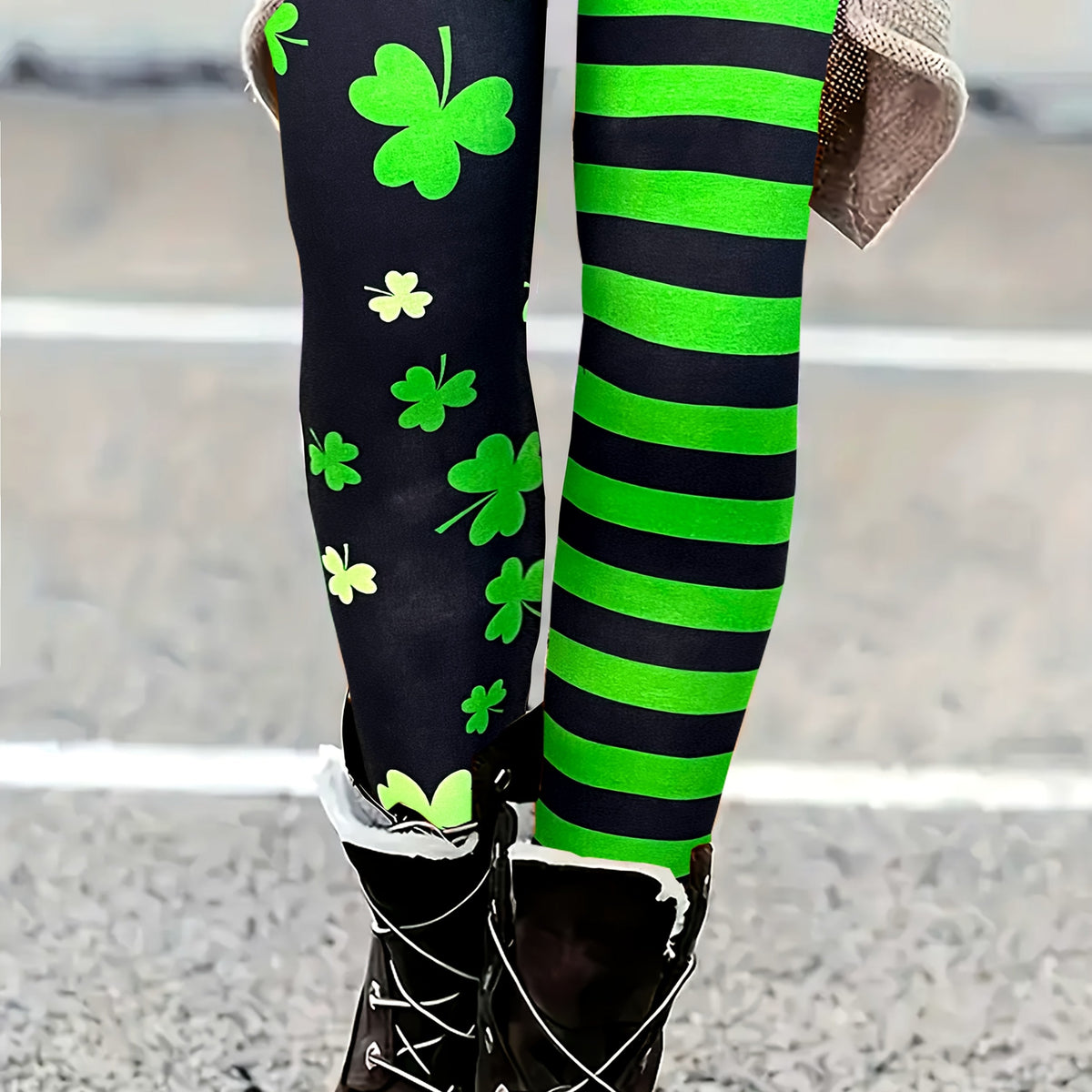 Striped Clover Print Women’s Leggings – Knit Jeggings for St. Patrick’s Day with Soft Fit & Stretch for Spring/Fall Comfort Style