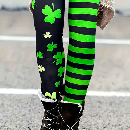 Striped Clover Print Women’s Leggings – Knit Jeggings for St. Patrick’s Day with Soft Fit & Stretch for Spring/Fall Comfort Style