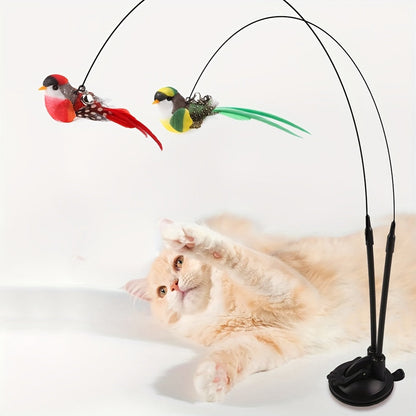 Interactive Cartoon Cat Toy Set with Feather Rod, Bell & Adhesive Base – Fun & Stimulating Toy for Cats with Birds & Polyester Accessories