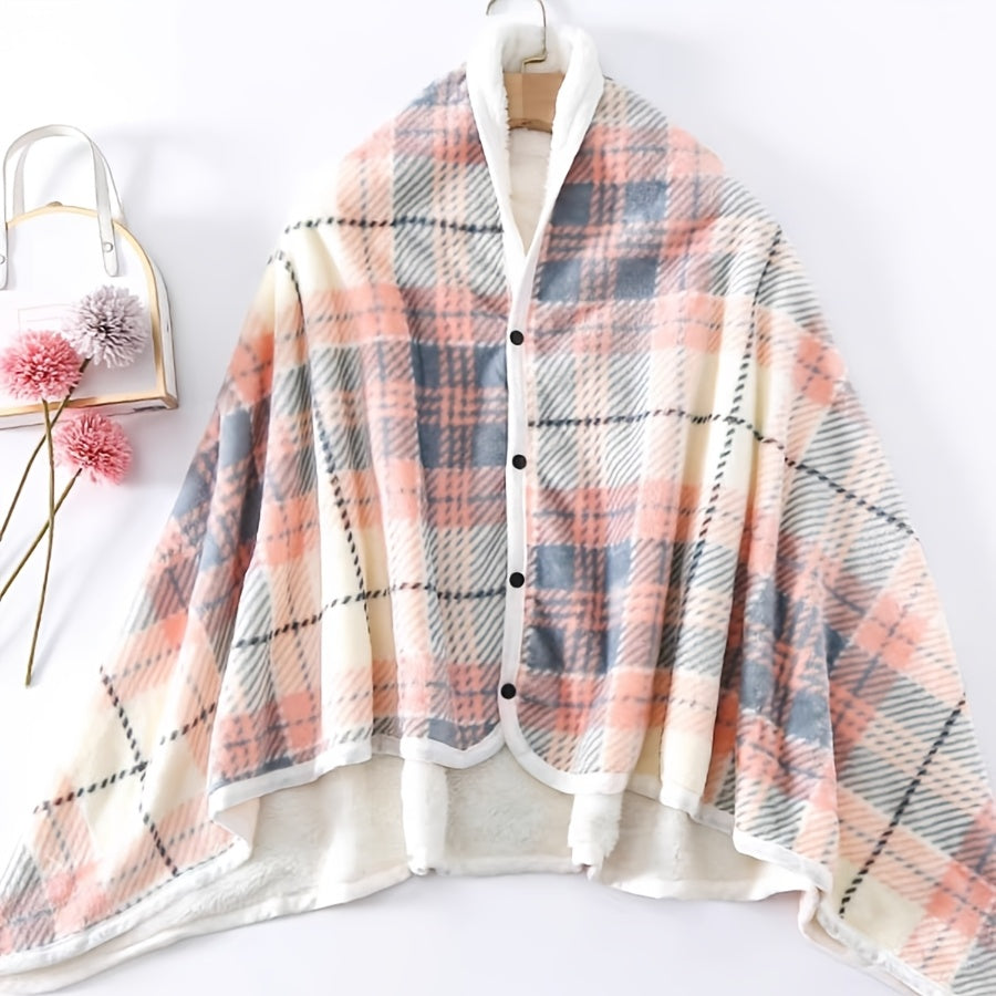 Cozy Checkered Knit Blanket – Double-Layer Soft Polyester Throw for Office Naps, Winter Warmth, and Stylish Home Comfort