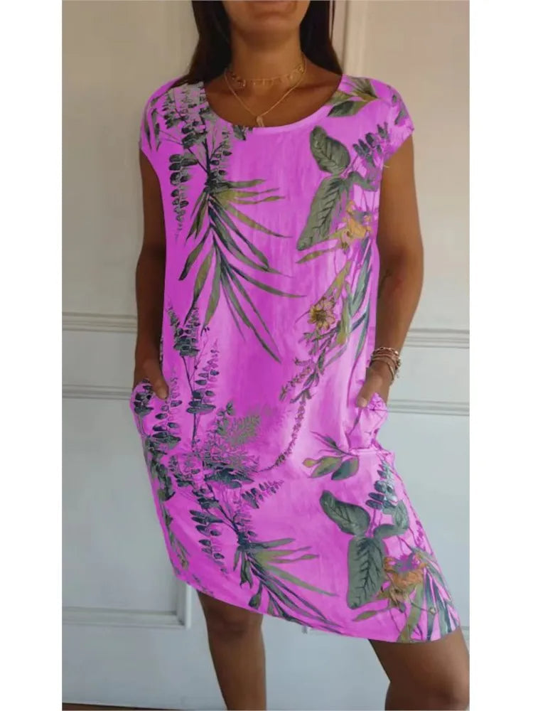 Vintage Boho Midi Dress with Flower and Leaf Print – Botanical Print Short-Sleeve Vacation Dress with Big Pockets for a Chic Beach Style