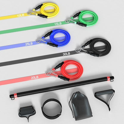 Stackable Resistance Band Bar Set - 5 Clip-On Bands, Two-Piece Bar, Handles, Ankle Straps & Door Anchor
