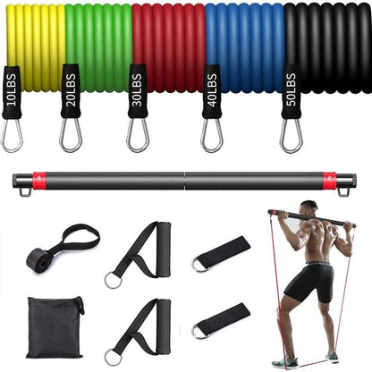 Stackable Resistance Band Bar Set - 5 Clip-On Bands, Two-Piece Bar, Handles, Ankle Straps & Door Anchor