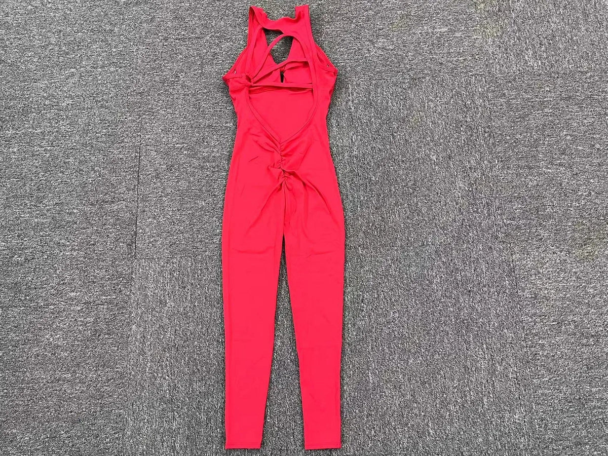Sporty Sleeveless Women’s Fitness Jumpsuit – V-Shaped Back Design Jumpsuit, Gym-Ready Overalls Set for Yoga, Running & Workout in Bold Colors