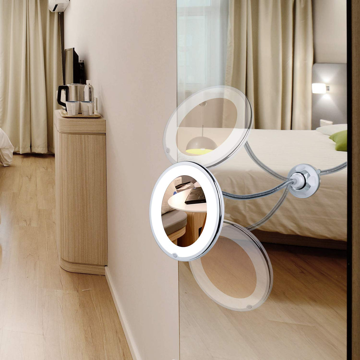 Flexible Gooseneck Makeup Mirror - 10X Magnifying Vanity Mirror with Suction Cup, 360 Degree Swivel, Daylight, Battery Operated, Cordless & Travel Mirror