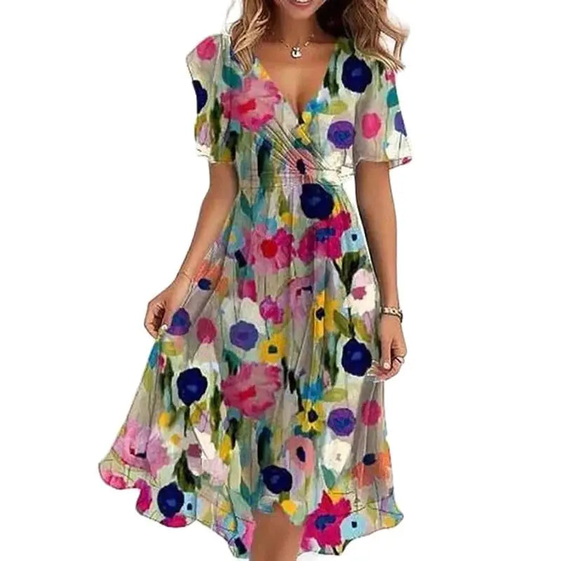 Floral Draped Chiffon Dress – Summer Office Dress with V Neck and High Waist A-Line Fit, Perfect for Elegant Occasions