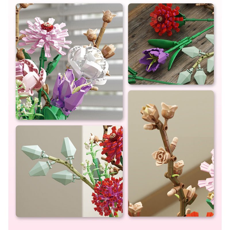 Flower Building Blocks Bouquet - Building Block Bricks Toy DIY Potted Illustration Perfect for Valentine's Day