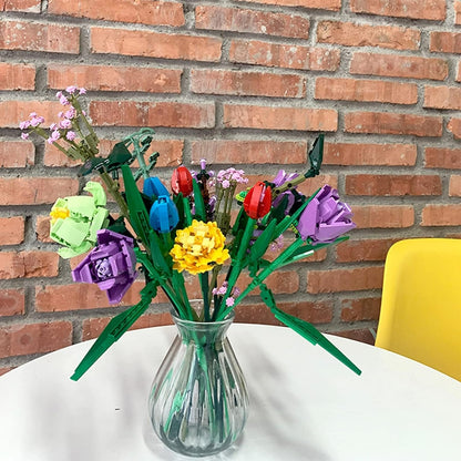 Flower Building Blocks Bouquet - Building Block Bricks Toy DIY Potted Illustration Perfect for Valentine's Day