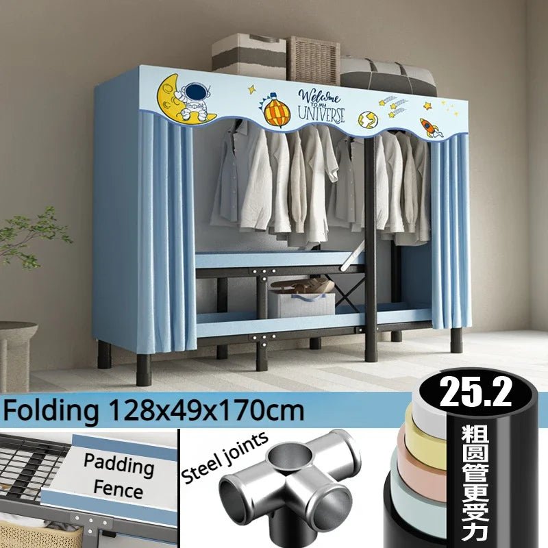Foldable Oxford Cloth Wardrobe with Curtain – Simple No Assembly Cloth Storage Solution with Steel Frame for Any Bedroom or Rental Space