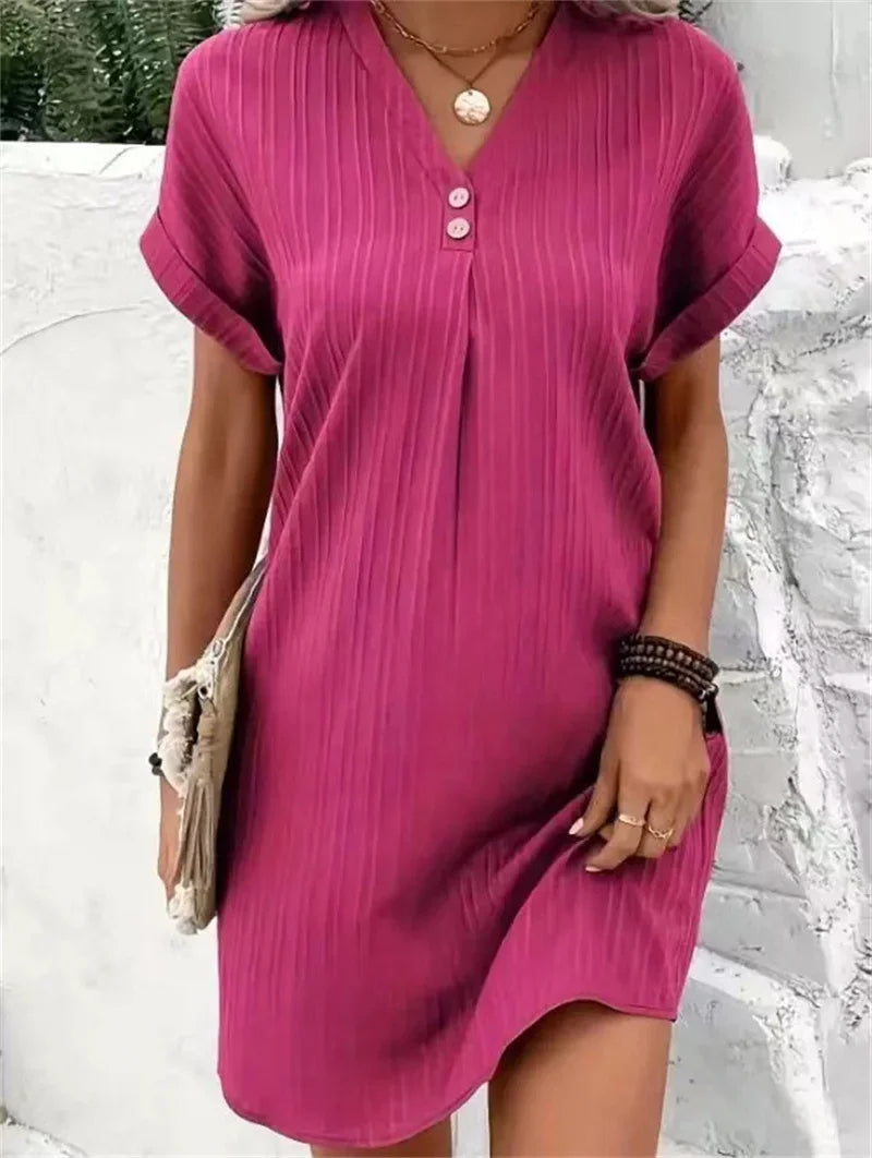 Fashion V-Neck Mini Summer Dress – Short Sleeves, Solid Color, Button Detail for Casual Elegance and Fresh Style