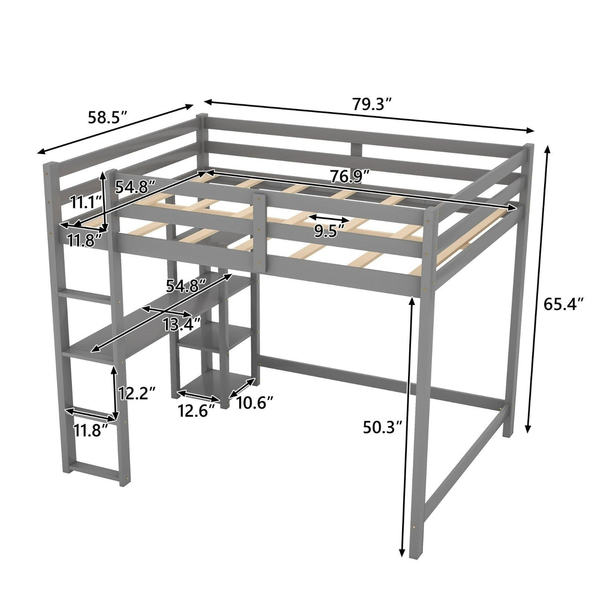 Full Size Loft Bed with Built-in Desk and Shelves