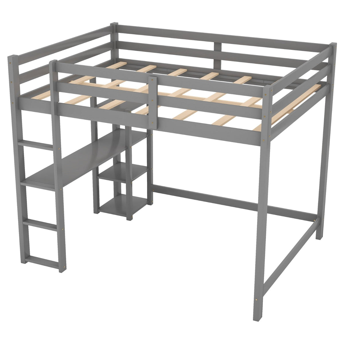 Full Size Loft Bed with Built-in Desk and Shelves