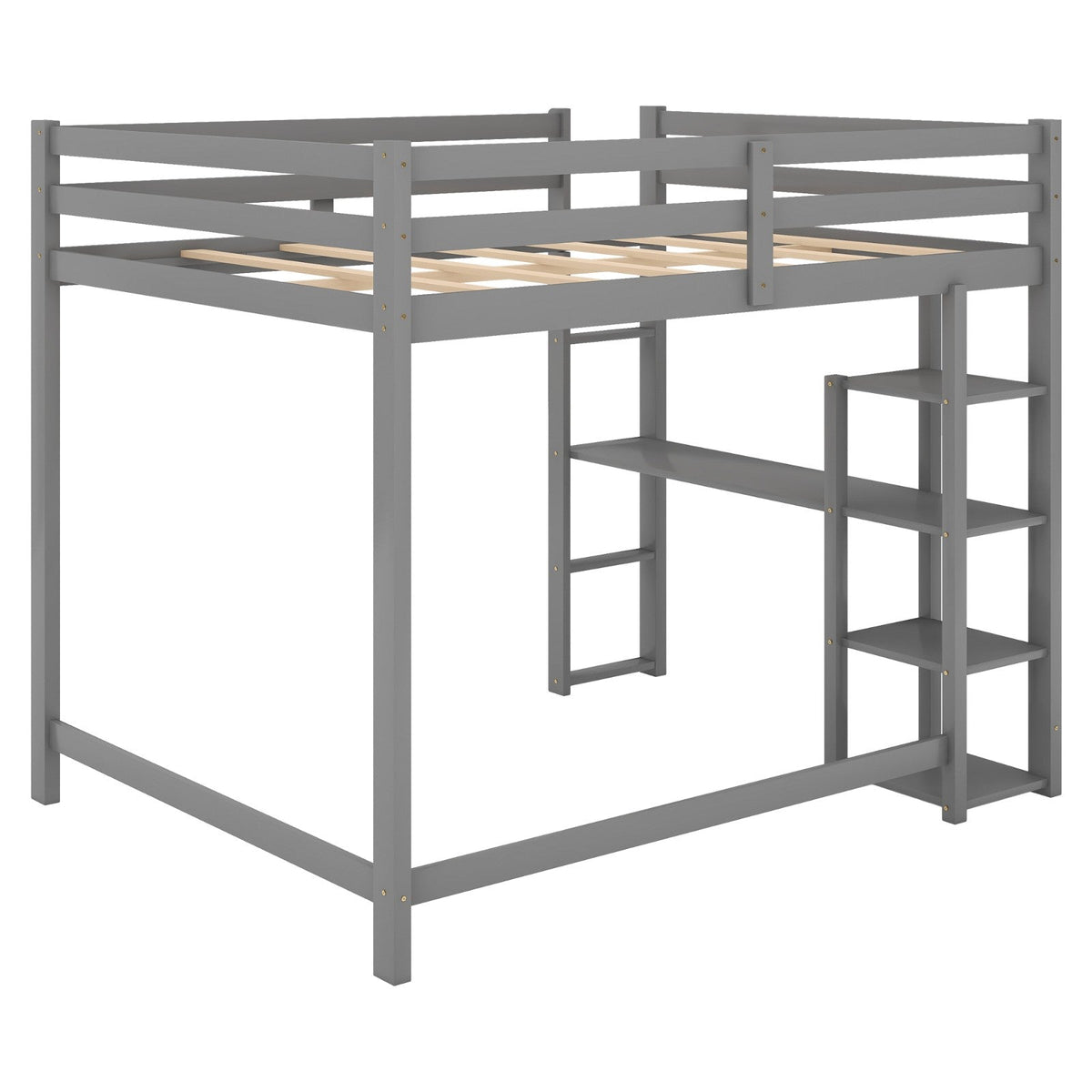 Full Size Loft Bed with Built-in Desk and Shelves