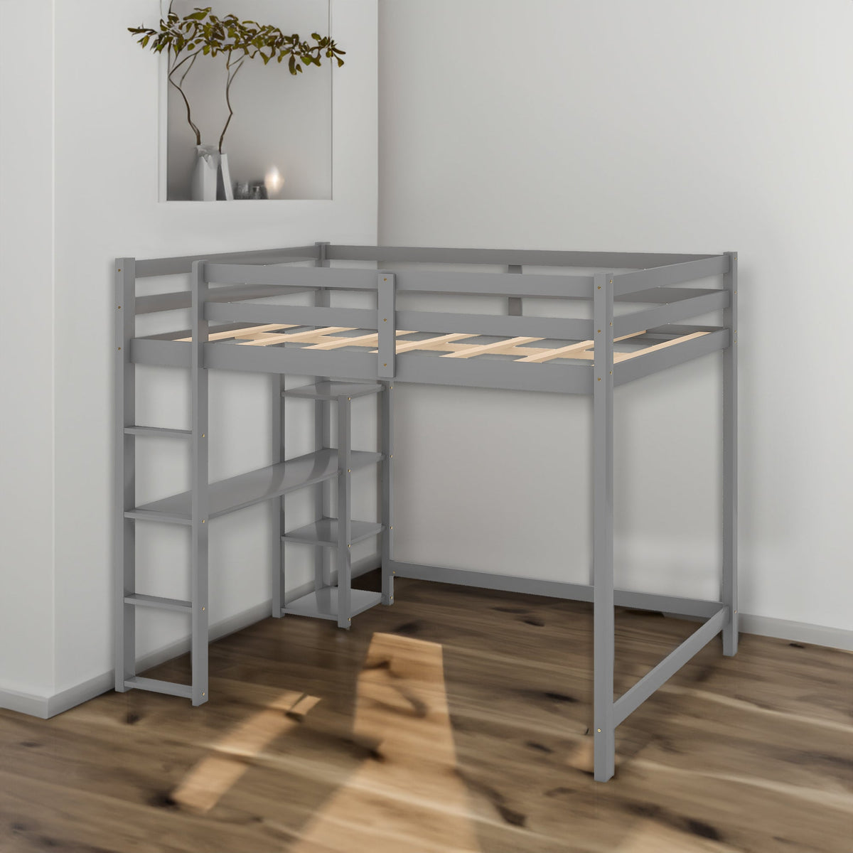 Full Size Loft Bed with Built-in Desk and Shelves