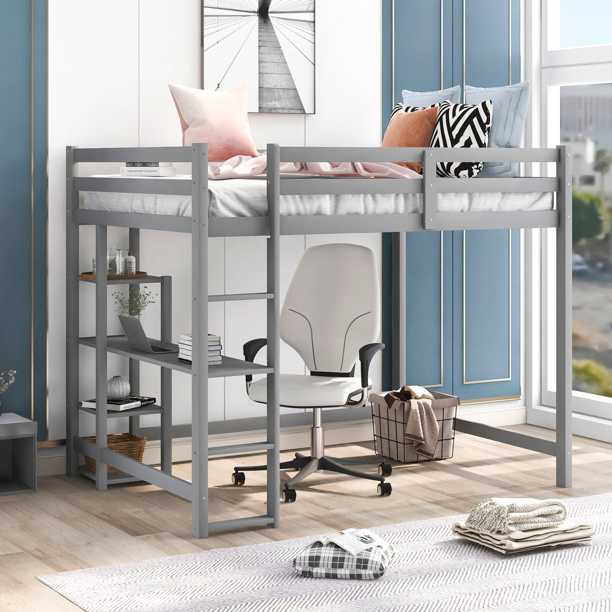 Full Size Loft Bed with Built-in Desk and Shelves