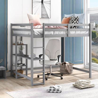 Full Size Loft Bed with Built-in Desk and Shelves