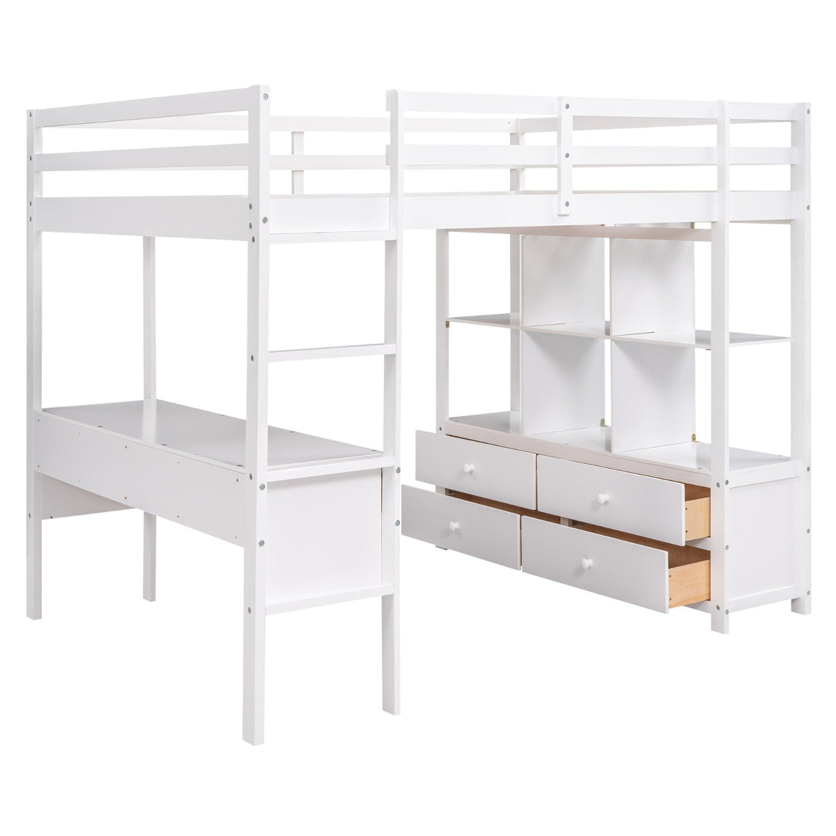 Full Size Loft Bed with Built-in Desk, Two Drawers, and Storage Shelves