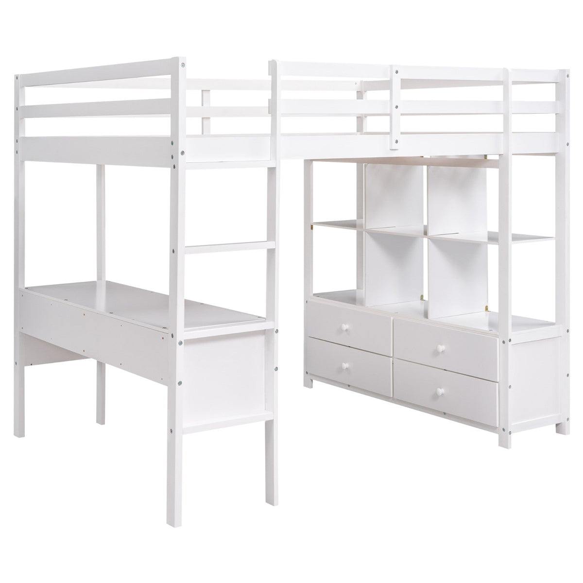 Full Size Loft Bed with Built-in Desk, Two Drawers, and Storage Shelves