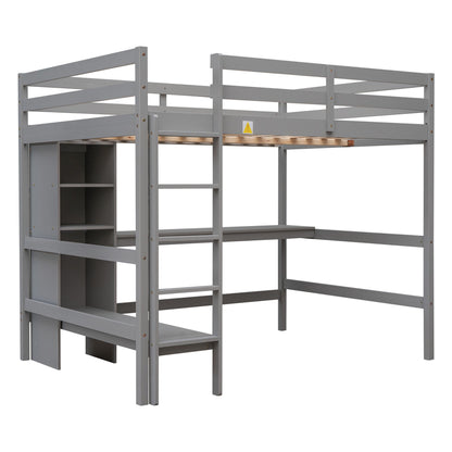 Full Size Loft Bed with Under-bed Desk and Multifunction Shelves