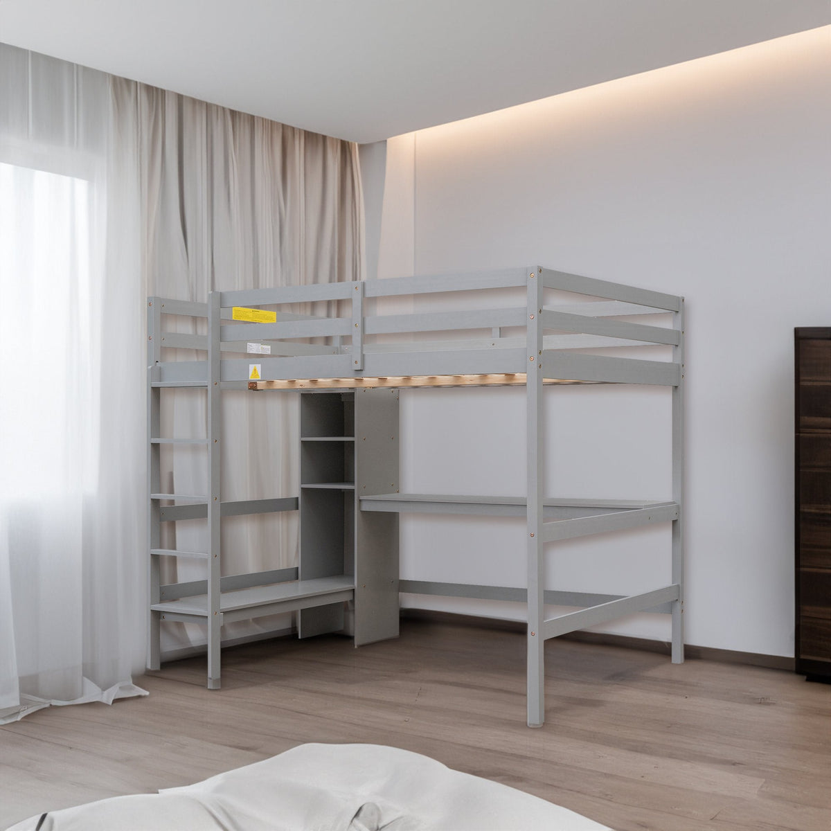 Full Size Loft Bed with Under-bed Desk and Multifunction Shelves