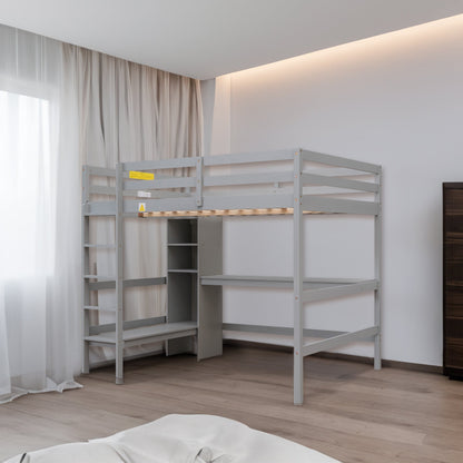 Full Size Loft Bed with Under-bed Desk and Multifunction Shelves