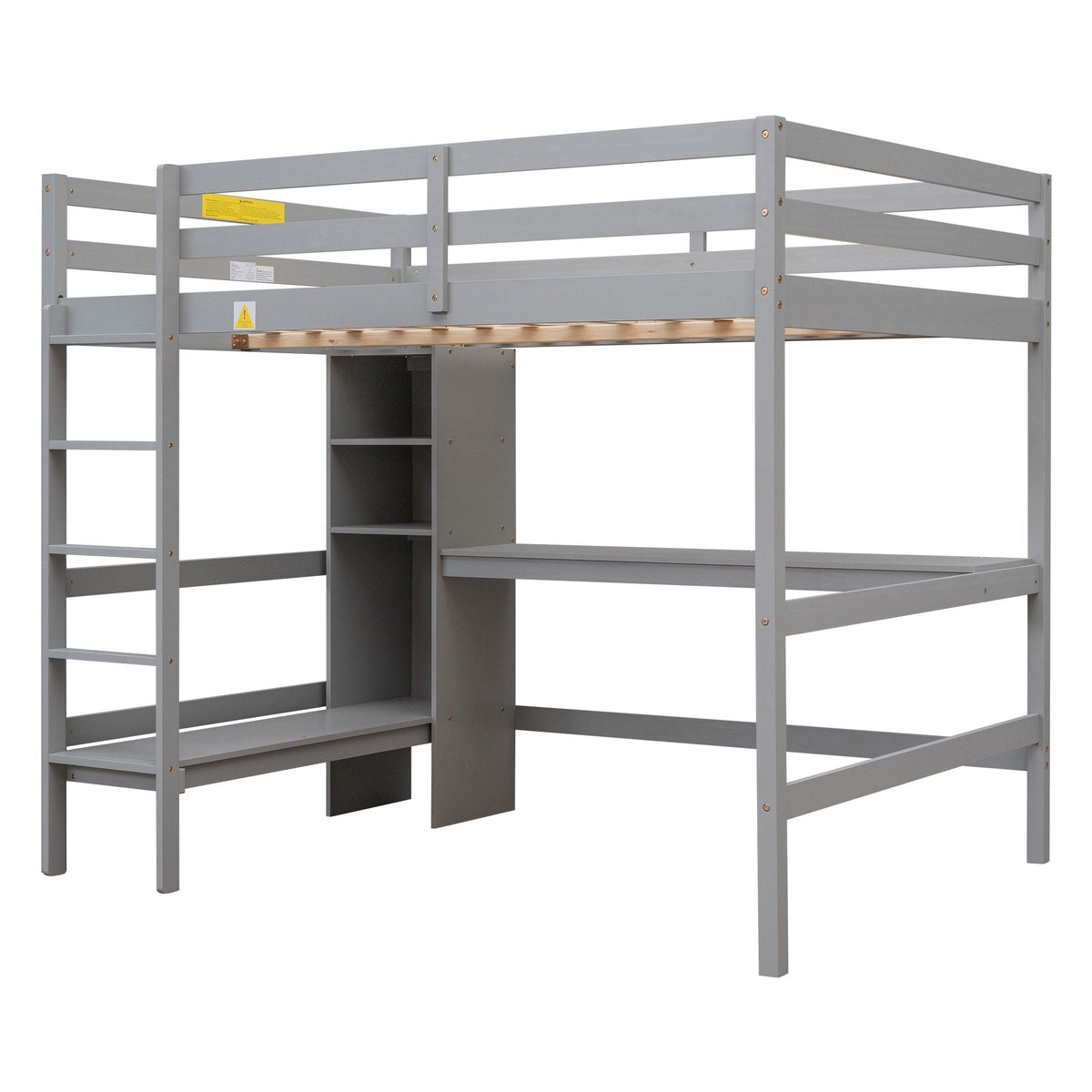 Full Size Loft Bed with Under-bed Desk and Multifunction Shelves