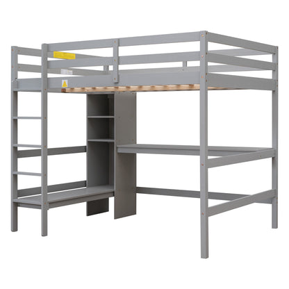 Full Size Loft Bed with Under-bed Desk and Multifunction Shelves