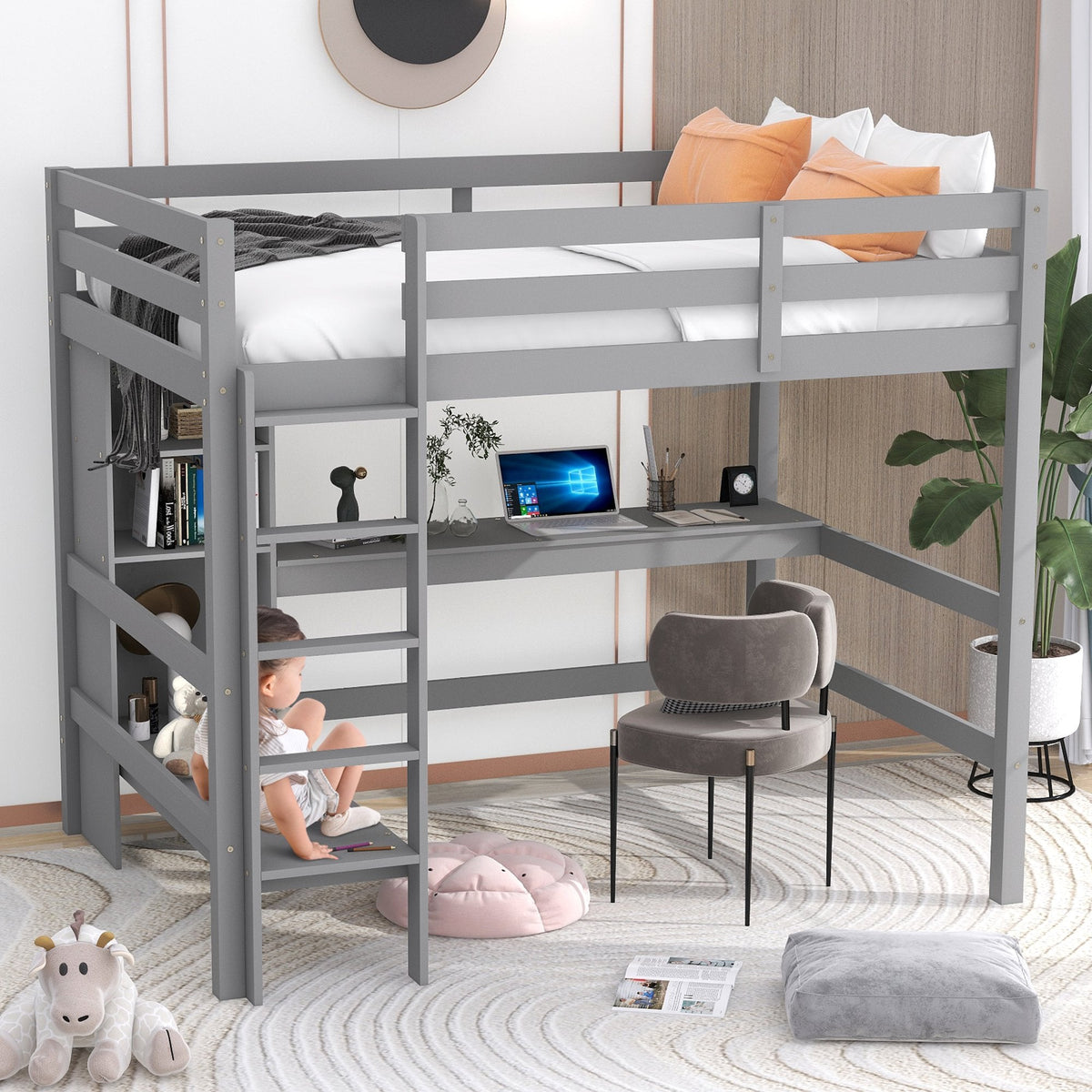 Full Size Loft Bed with Under-bed Desk and Multifunction Shelves
