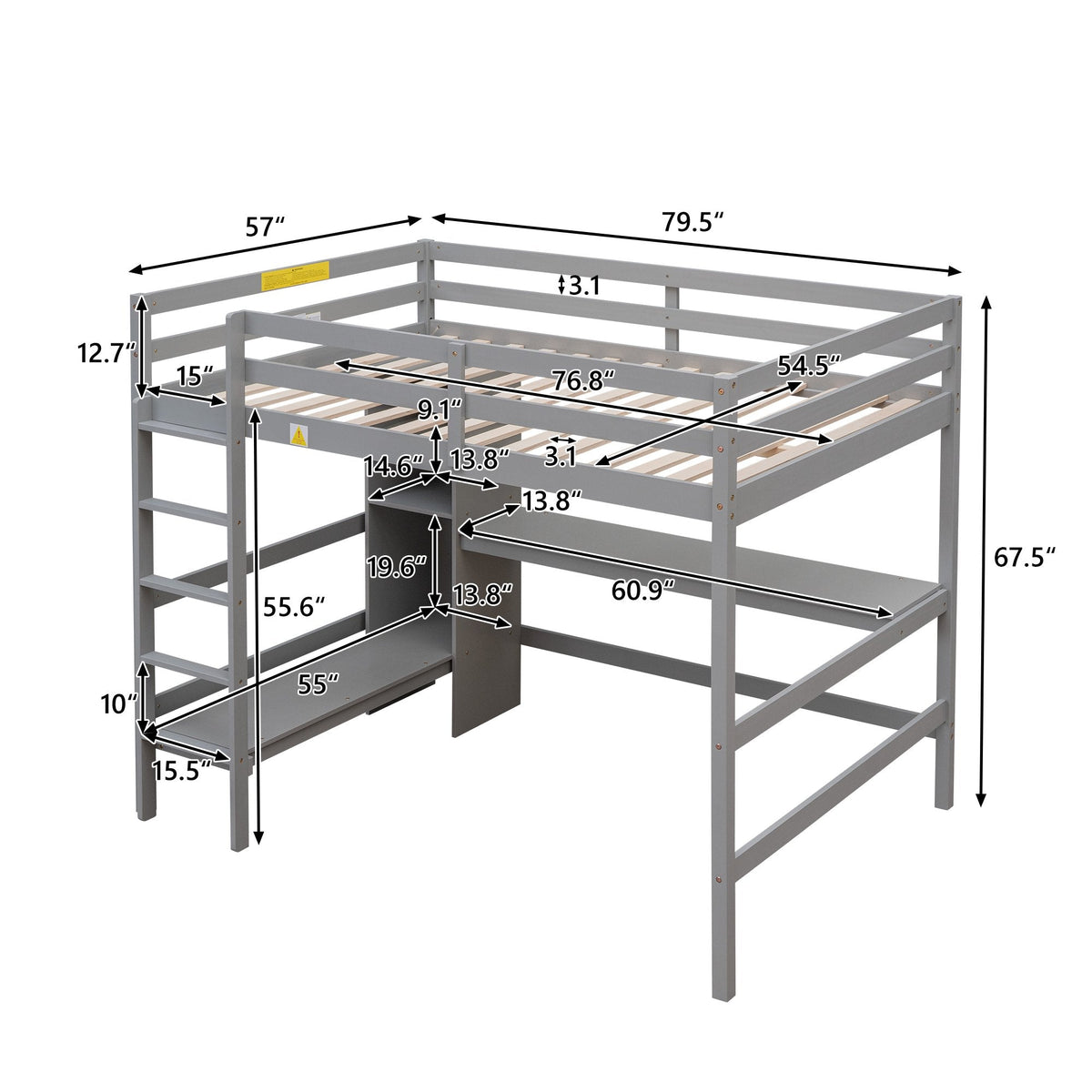 Full Size Loft Bed with Under-bed Desk and Multifunction Shelves