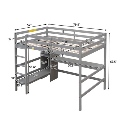 Full Size Loft Bed with Under-bed Desk and Multifunction Shelves