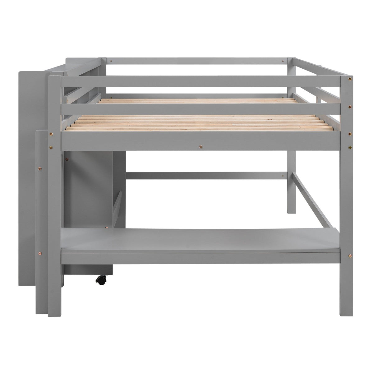 Full Size Low Loft Bed with Rolling Portable Desk Drawers and Shelves
