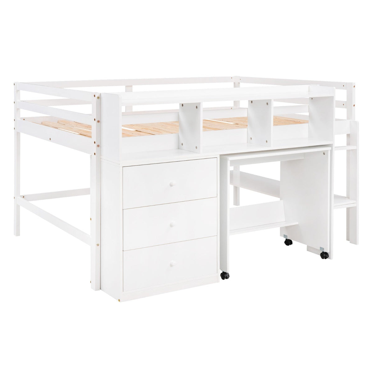 Full Size Low Loft Bed with Rolling Portable Desk Drawers and Shelves
