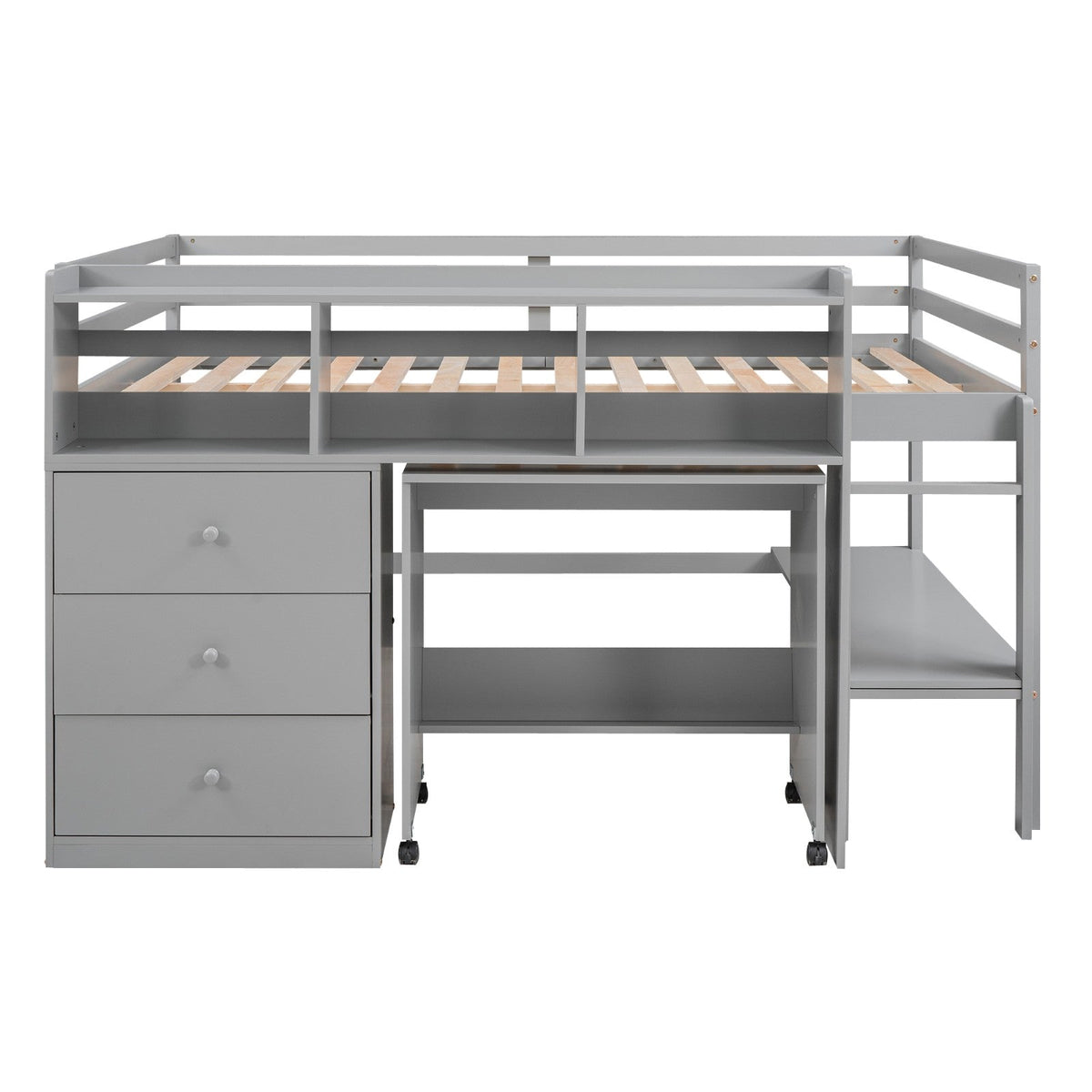Full Size Low Loft Bed with Rolling Portable Desk Drawers and Shelves
