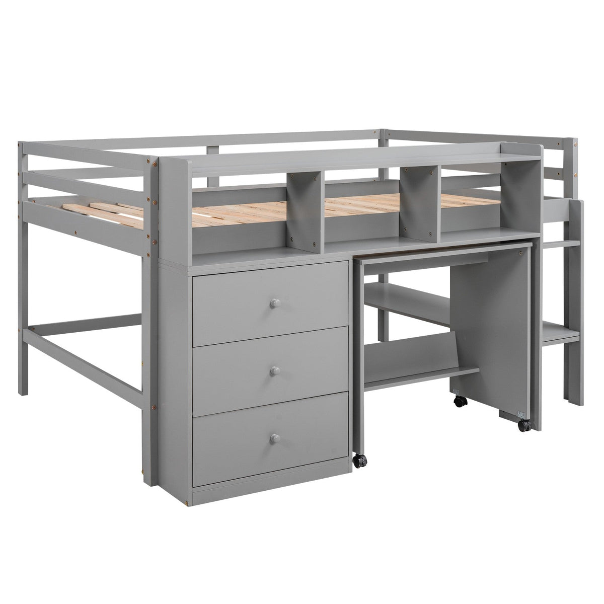 Full Size Low Loft Bed with Rolling Portable Desk Drawers and Shelves