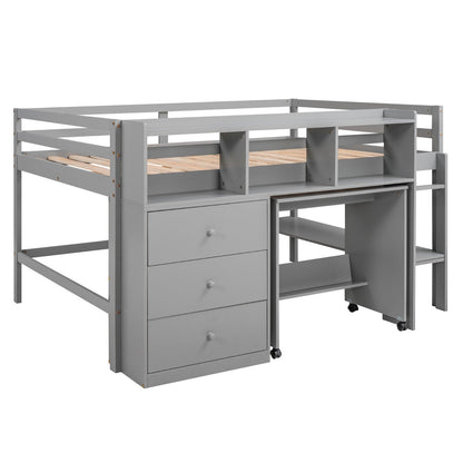 Full Size Low Loft Bed with Rolling Portable Desk Drawers and Shelves