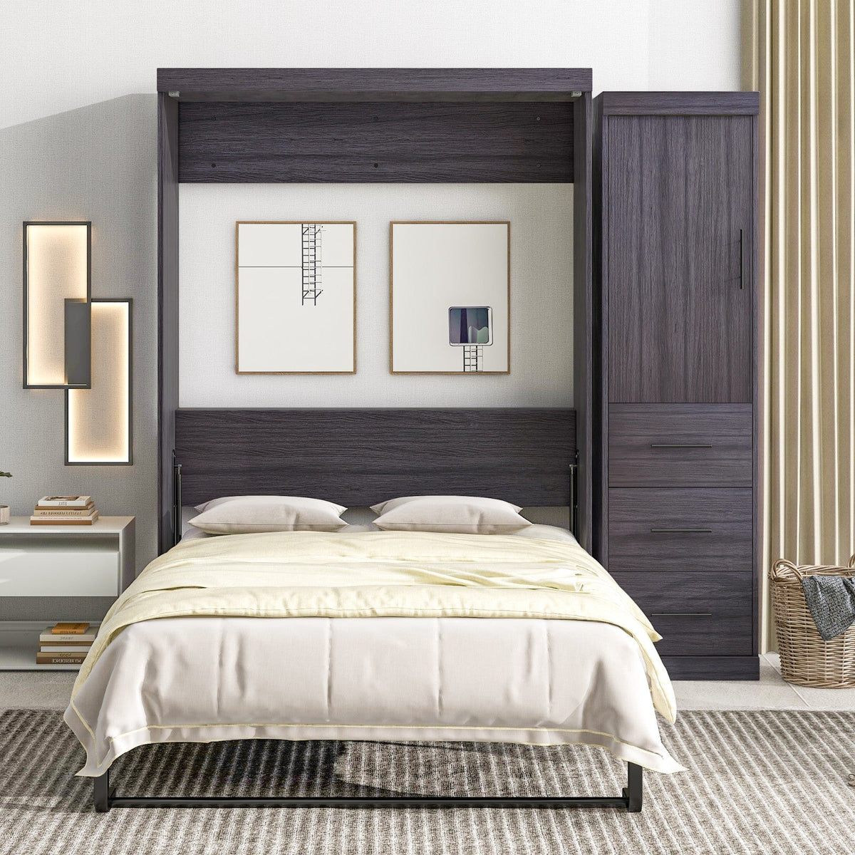 Full Size Murphy Bed with Wardrobe, Drawers, Storage Bed, can be Folded into a Cabinet
