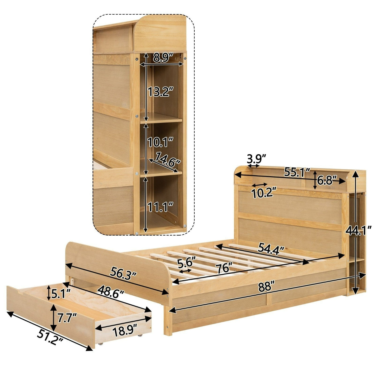 Full Size Platform Bed with Storage Headboard and Big Drawer