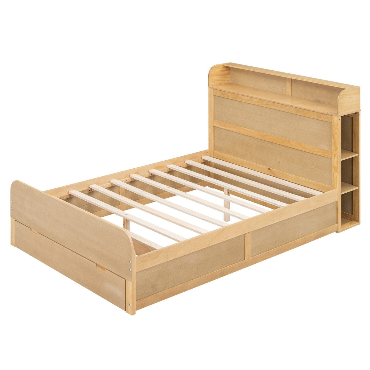 Full Size Platform Bed with Storage Headboard and Big Drawer