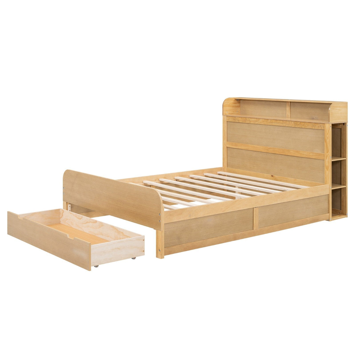 Full Size Platform Bed with Storage Headboard and Big Drawer