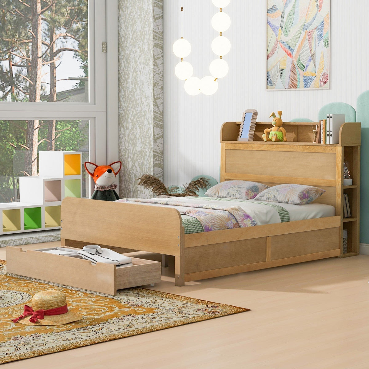 Full Size Platform Bed with Storage Headboard and Big Drawer