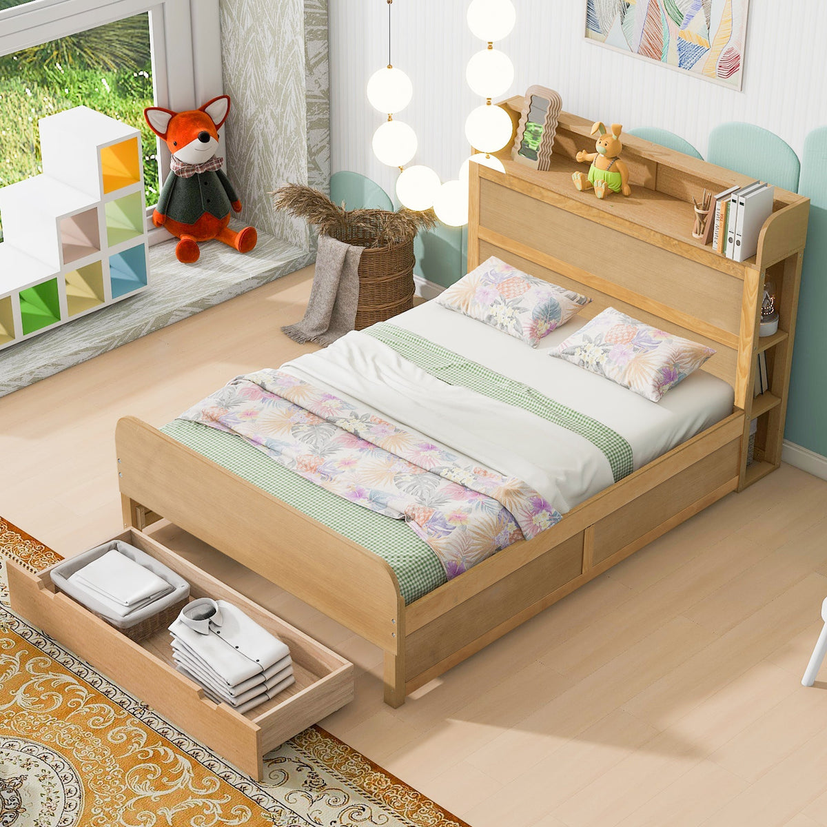 Full Size Platform Bed with Storage Headboard and Big Drawer