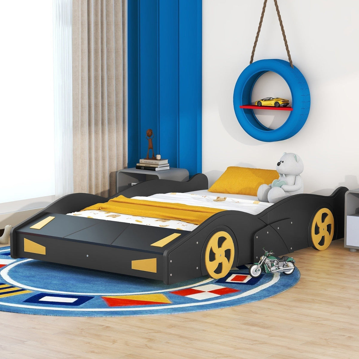Full Size Race Car-Shaped Platform Bed with Wheels and Storage